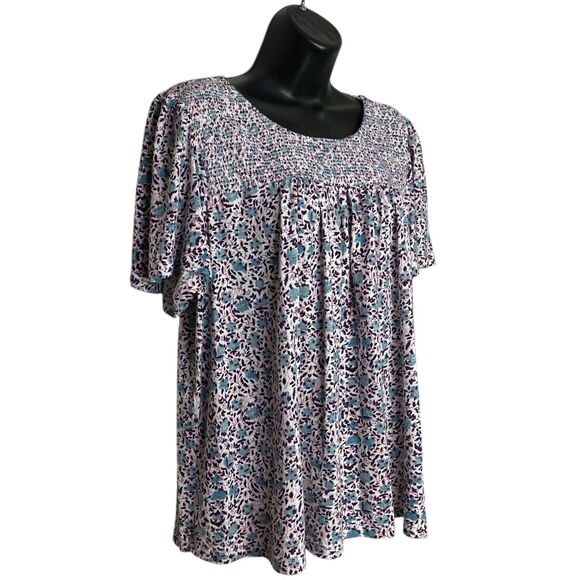 Lucky Brand Top Womens XL Short Sleeve Boho Peasant Floral Smocked Blue Pink - Picture 4 of 9